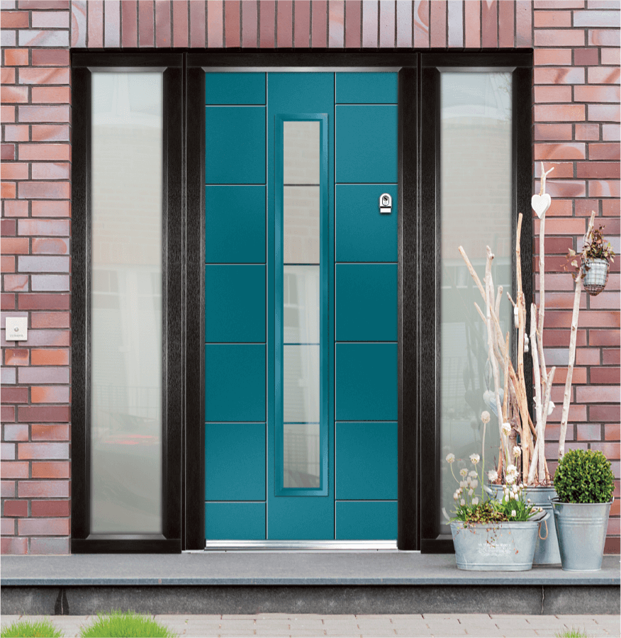 Edge collection door with difuso glazing for smooth composite front doors