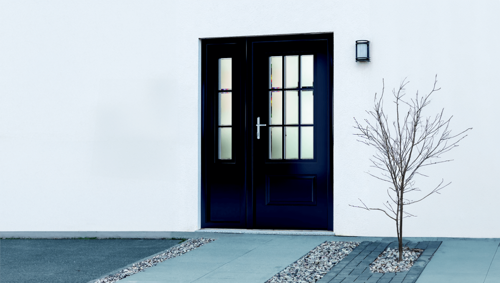 Nine Grid front door with a glazed sidelight