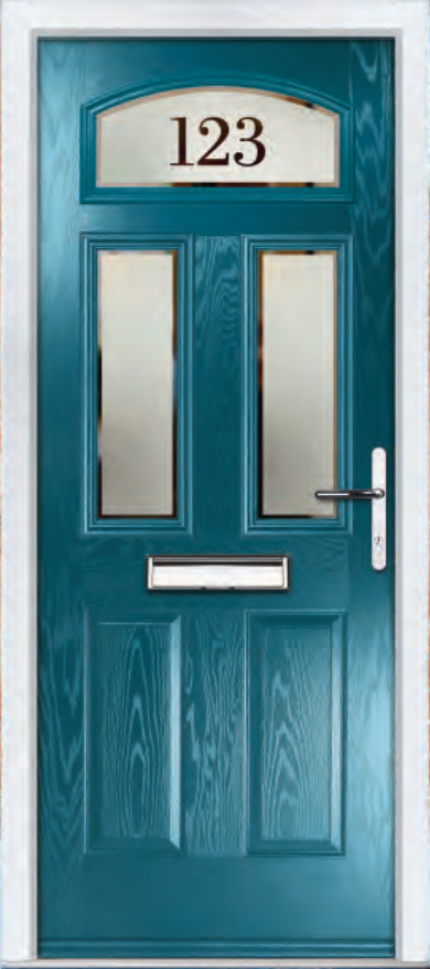 A Coral Arch door in the colour Distant Blue with Victorian Border Glass