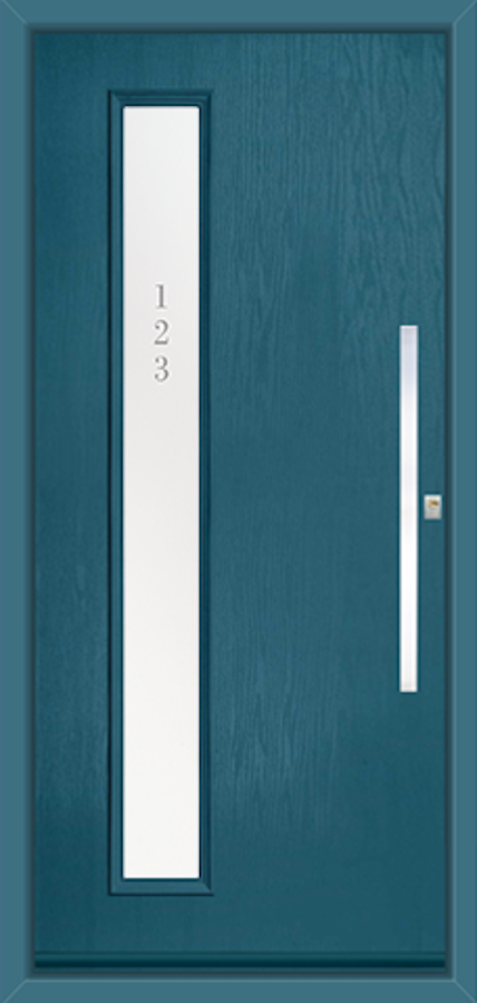 An Pluto 1L door in the colour Victory Blue with Satin Numbered Glass Bodoni Font