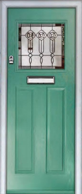 Green gemstone door with flower glass